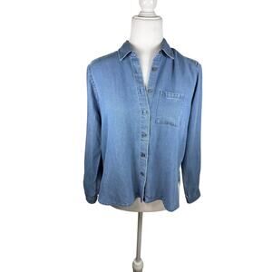 THE LOFT Chambray Oversized Everyday Shirt Pocket Blue XS Petite
